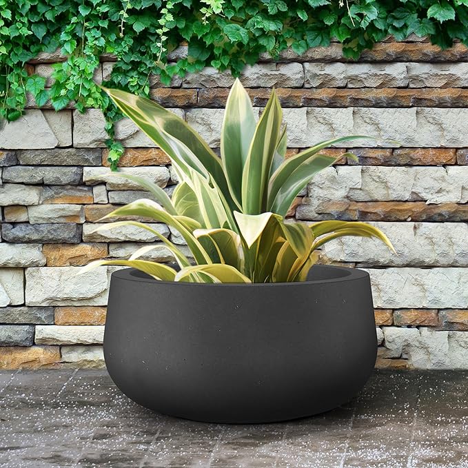 Kante 19.6" Dia Round Concrete Planter, Cement Plant Pots with Drainage Hole and Rubber Plug for Outdoor Indoor Garden Home, Modern Curvaceous Design, Black