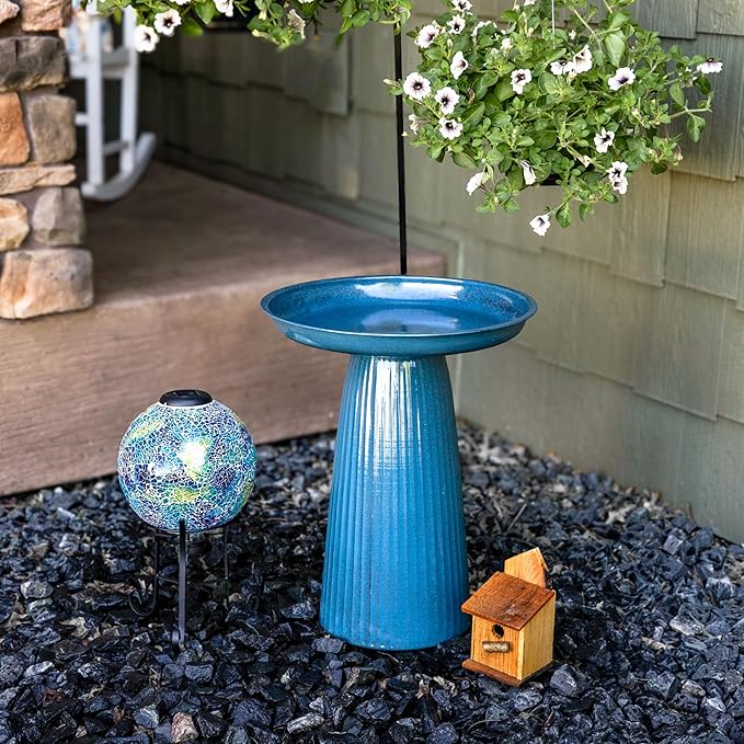 Sunnydaze Gleeful Garden Metal Bird Bath for Outdoors - Large Decorative Iron Birdbath - 23-Inch - Blue Glaze
