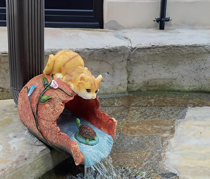 Cat Statue 3" x 4" Gutter Downspout Splash Block, Outdoor Garden Animal Decor Sculpture, Decorative Gutter Extension Diverter, UV-Resistant, Perfect for Garden Rain Downspout Diverter