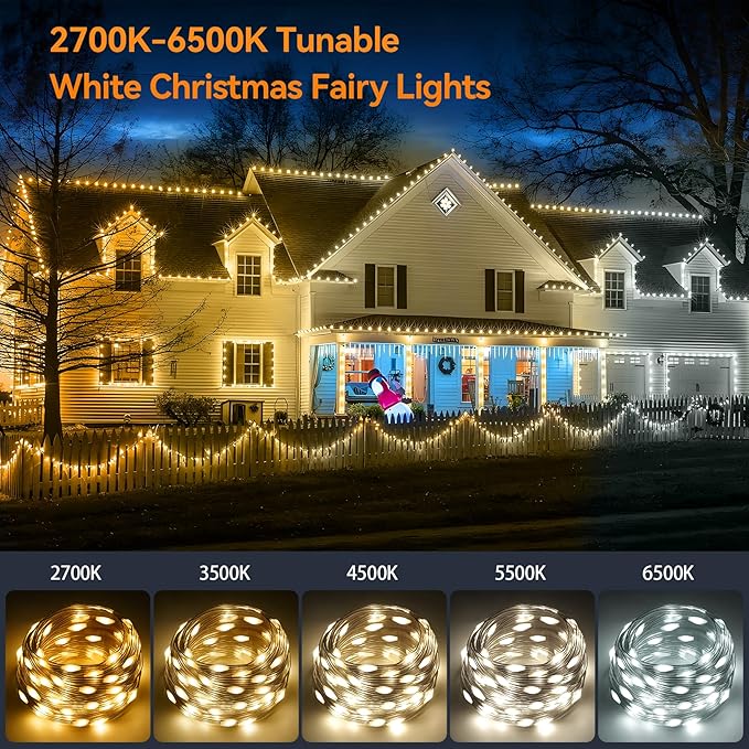 HOUHUI Fairy Lights Plug in Outdoor, 100Ft 2700K-6500K White Christmas Fairy Light IP67 Waterproof with Remote, 8 Modes, Warm-Cool White LED Fairy Twinkle Lights for Bedroom Garden Trees Party Decor