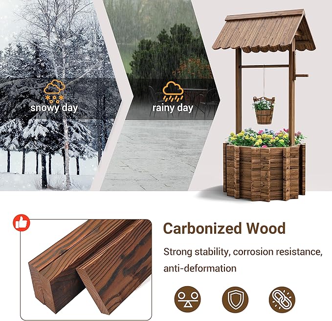 UDPATIO Wishing Wells for Yard, Large Wooden Wishing Well Planter for Outdoors, Upgrade Wishing Well with 4 Reinforced Rod & Hanging Bucket for Garden Patio Lawn Backyard Home Decor