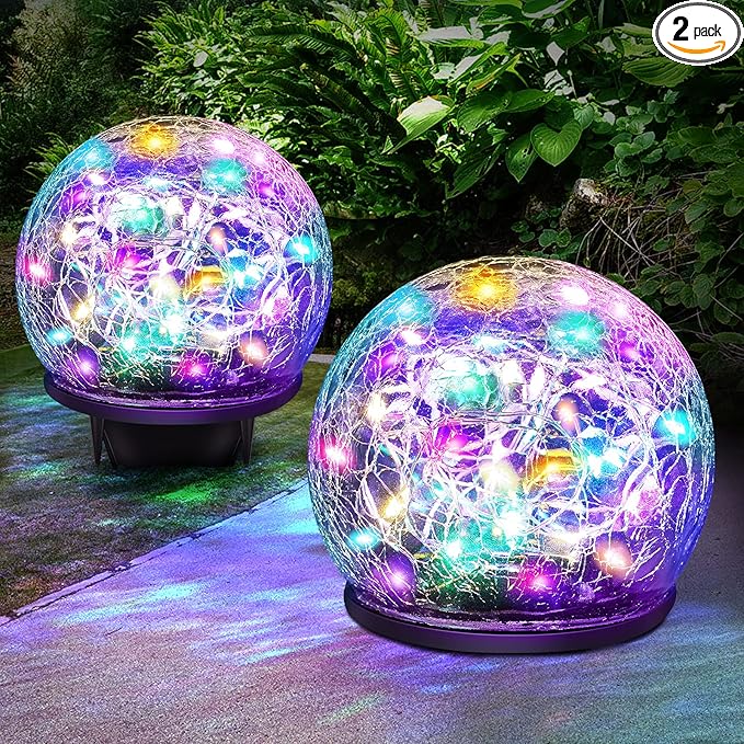 Solar Garden Lights, 2 Pack 80 LED Colored Cracked Glass, Multicolor Outdoor Decorative Ball Lights for Yard, Pathway, Patio, Christmas, 4.73