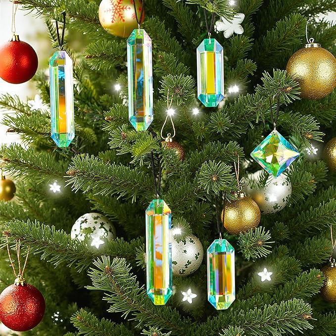 HDCRYSTALGIFTS Set 7 Crystal Sun Catcher Prisms, AB Colored Suncatcher Crystals Window Indoor Hanging Christmas Ornaments Rainbow Maker Prisms for Home Garden Decor