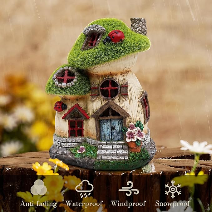 TERESA'S COLLECTIONS Mushroom Garden Statues with Outdoor Solar Light, Green Flocked Christmas Decorations for Home, Resin Fairy House Accessories Outdoor Decor Yard Thanksgiving Gifts for Mom, 7.7“