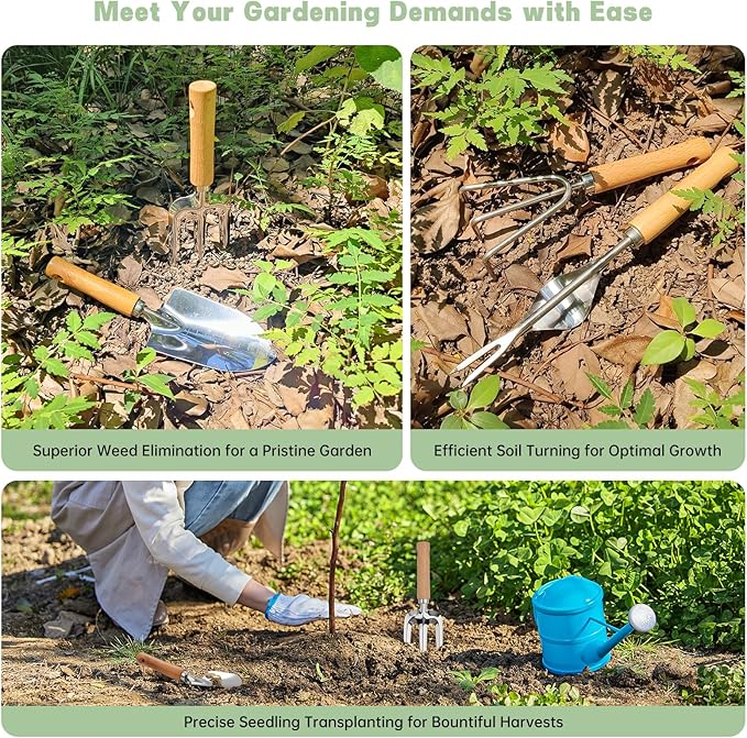 8 Piece Heavy Duty Gardening Hand Tools Set with Bamboo Gift Box Pruning Shears, Weeder and Heavy Duty Stainless Steel Gardening Tools with Wooden Handles - Ideal Gardening Gift for Women