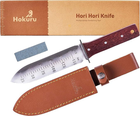 Hori Hori Knife - Landscaping, Digging, Weeding, Cutting, Planting Gardening Tool With Leather Sheath, Stainless Steel Blade and Sharpening Stone