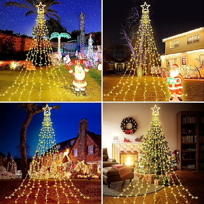 Christmas Decoration Lights, Outdoor Christmas String Lights 320 LED 11.5 Ft Waterfall Tree Lights with Big Star Topper 8 Light Modes for Christmas New Year Holiday Garden Yard Indoor Outdoor Decor