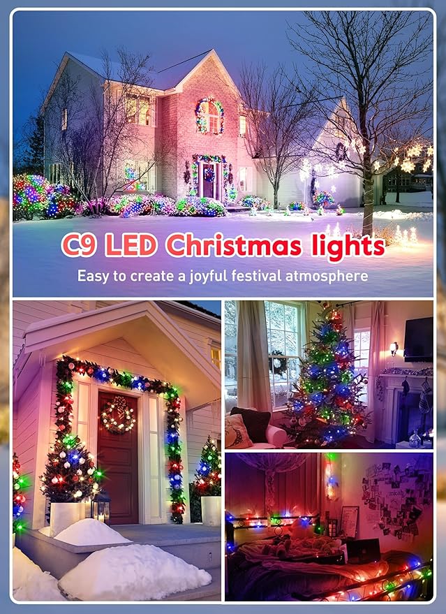 Vintage C9 LED Christmas Lights Outdoor, 100 Feet C9 String Lights with 100 Colored Shatterproof Bulbs, Connectable Waterproof Lights for Holiday Party Roofline Backyard Garden Patio, Green Wire