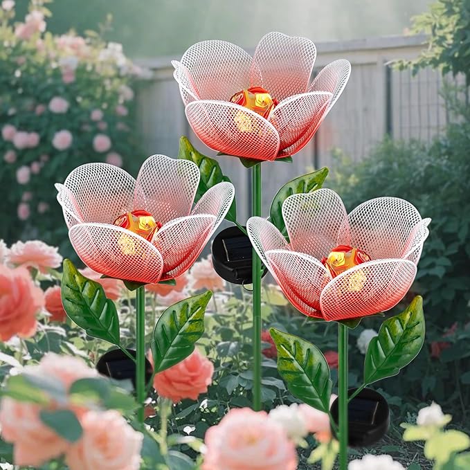 Solar Lights Outdoor Garden, 2 Pack Solar Powered Metal Flowers LED Breathing Light Waterproof,Solar Flowers for Outside Patio Lamp,Garden Gifts for Women,Landscape Lighting,Yard Pathway Decor