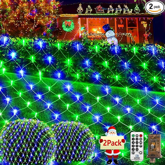 KNONEW 2-Pack 360 LEDs Christmas Net Lights 13ft x 9.8ft Outdoor Mesh Lights Connectable Waterproof 8 Modes & Timer Plug-in Net Fairy Lights for Bushes Garden Party Wedding Holiday,Blue and Green
