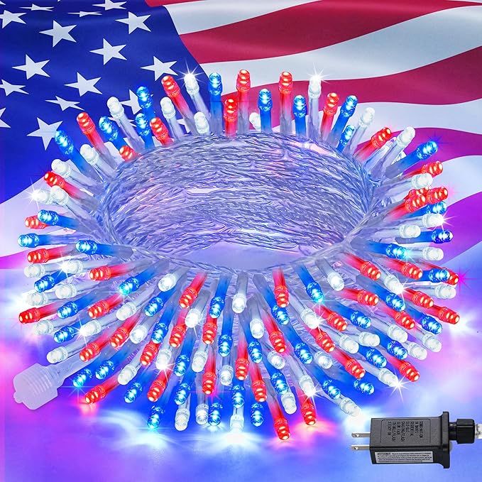 JMEXSUSS Red White & Blue Lights Clear Wire, 66 Ft 200 LED 4th of July Decorations String Lights Plug in, Christmas Lights for Independence Day Celebration Party Memorial Day Patriotic Holidays Decor