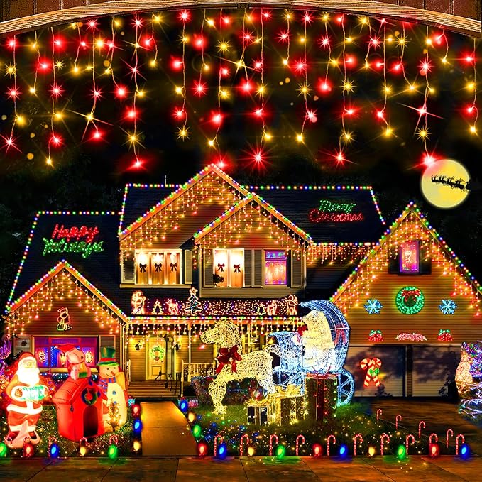 Hezbjiti Christmas Lights Decorations Outdoor, 1600LED 164FT Curtain Fairy Lights 8 Modes 320 Drops Fairy String Curtain Lights for Christmas Decor Eaves Window Party Yard Garden