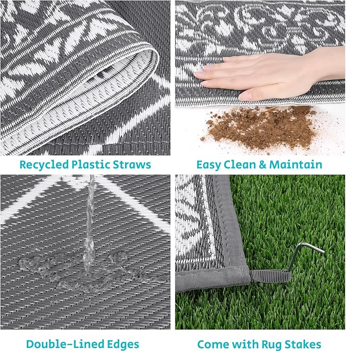 HEBE Outdoor Rug Waterproof 8x10, Reversible Plastic Straw Rug RV Camping Rug, Indoor Outdoor Patio Mat Clearance, Outside Carpet for Porch,Deck,Camper,Balcony,Backyard,Picnic
