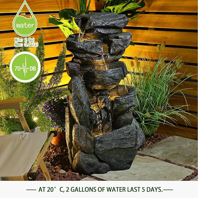 Water Features Outdoor Patio 6-Tier Cascading Rock Water Fountain 31.5''Water Fall Fountain Outside Resin Fountain with Light Mossy Rock Floor Garden Fountain Indoor for Relaxation Home Decor