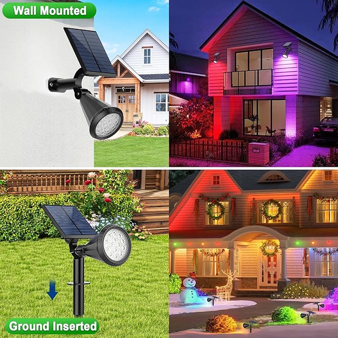 Color Changing Solar Spot Lights Outdoor Waterproof 180° Adjustable Colored RGB Solar Powered Landscape Lights for Yard 7 Lighting Modes Solar Spotlights for Pathway Garden Outside (6 Pack)