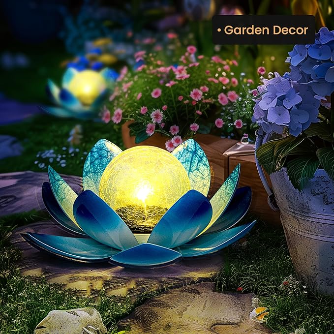 GIGALUMI Solar Light Outdoor Garden Decor, Lotus Flower Light Crackle Globe Glass Lantern Outdoor Table Decor Waterproof for Patio, Lawn, Pathway, Pool, Pond, Christmas Gift (Blue Petal)