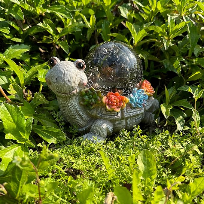 Solar Turtle Statue Garden Decor with Succulent Cracked Glass LED Lights Outdoor Decor Tortoise Figurines for Yard Lawn Balcony Patio Mom Decorations Women Birthday Housewarming Gifts