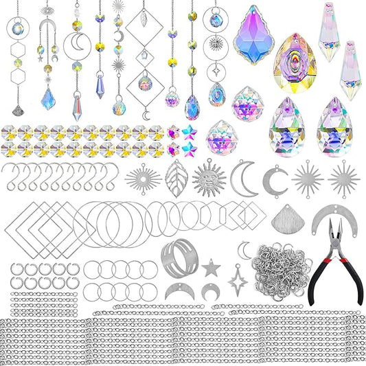 H&D HYALINE & DORA DIY Crystal Suncatcher Assembly Craft Kits for Adults 215pcs Rainbow Prisms Beads Pendant Crystal Window Sun Catchers Hanging Ornament Indoor Outdoor Decor, Silver