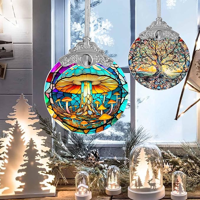 Stained Glass Suncatcher, Jocidea Mushroom Ornament, Christmas Ornaments, Holidays Ornaments, Christmas Tree Decor, Mushroom Decor for Home, Mushroom Gifts