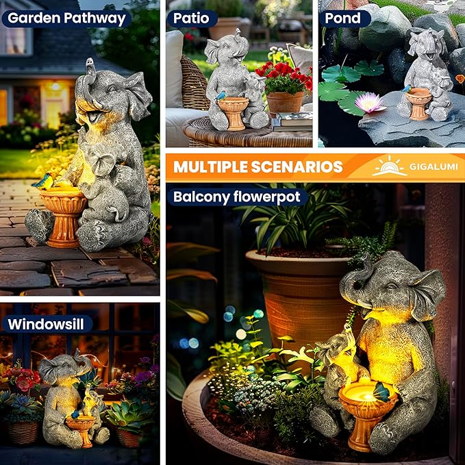 GIGALUMI Solar Garden Decor Bird Bath Elephant Statues Outdoor, Birthday Gifts for Women, Gifts for Mom Grandma Senior Elder, Elephant Ornament for Balcony, Garden, Patio, Yard, Lawn