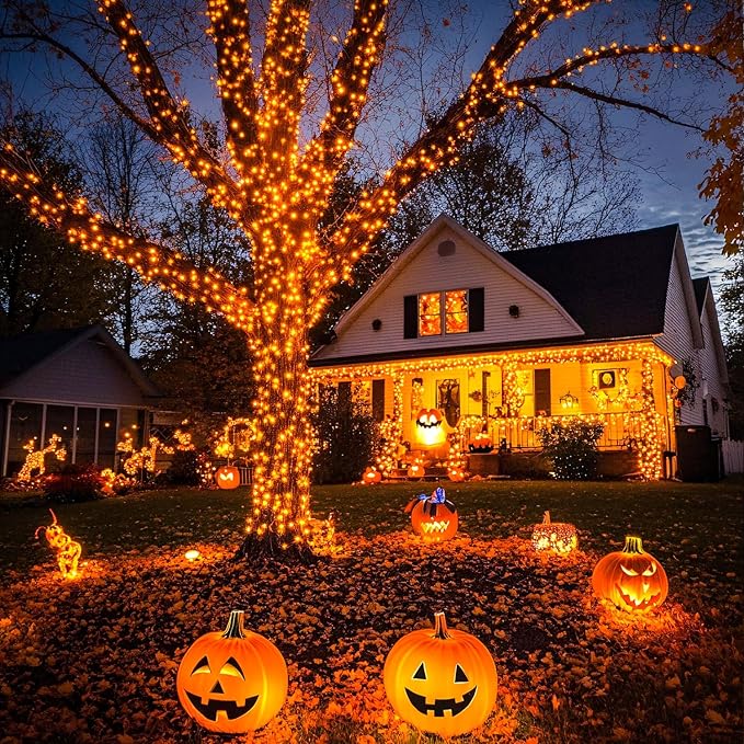 JMEXSUSS 2 Pack Orange Halloween Lights: 100 LED 33ft Solar Halloween Lights Outdoor Waterproof - 8 Modes Orange Lights for Halloween Outside Tree Gardens Party