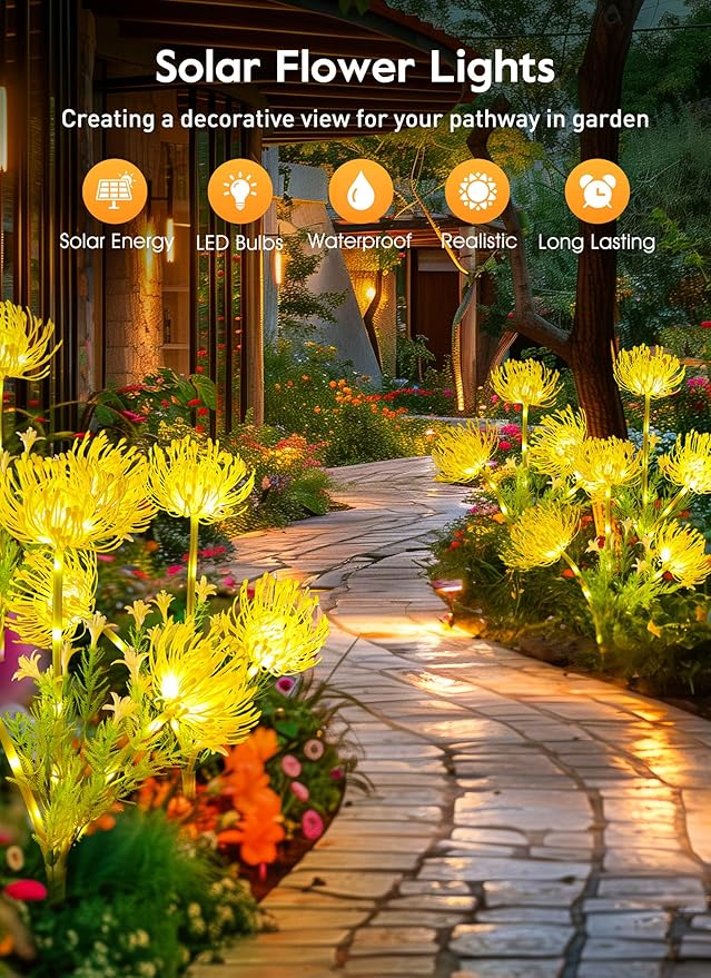 Brightown Outdoor Solar Garden Lights - 4 Pack LED Solar Flower Lights with Glowing Flowers & Stems, More Realistic, Bigger Solar Panel, Waterproof Solar Lights for Outside Yard Patio Home, Yellow