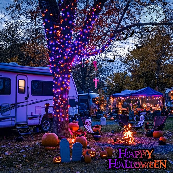 JMEXSUSS Orange and Purple Solar Halloween Lights, 2 Pack Total 400 LED Solar String Lights Outdoor Waterproof, 8 Modes Halloween Lights for Outside Halloween Tree Decorations