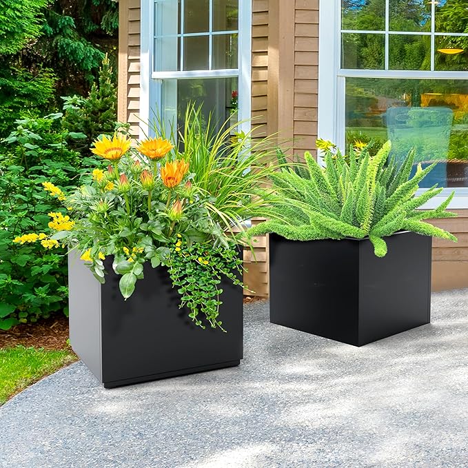 FENCY Large Square Planter 17" L x 17" W x 18" H, Planters for Outdoor Plants, Large Outdoor Planters for Porch Patio, Black Square Planter with Drainage Hole, All-Weather Use Cube Planter