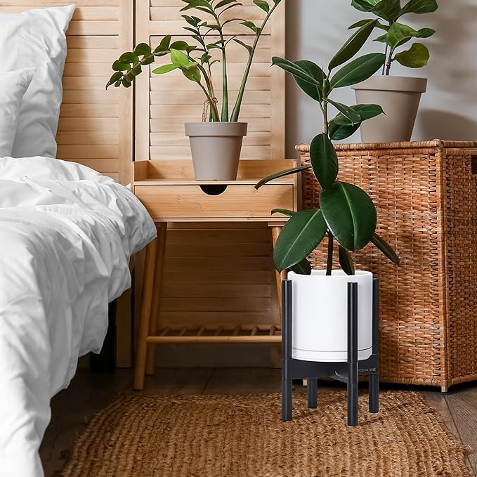 D'vine Dev Ceramic Planter with Ebony Stand - 8 Inch Modern Round Flower Pot with Wood Planter Holder, White, 55-B-M-1