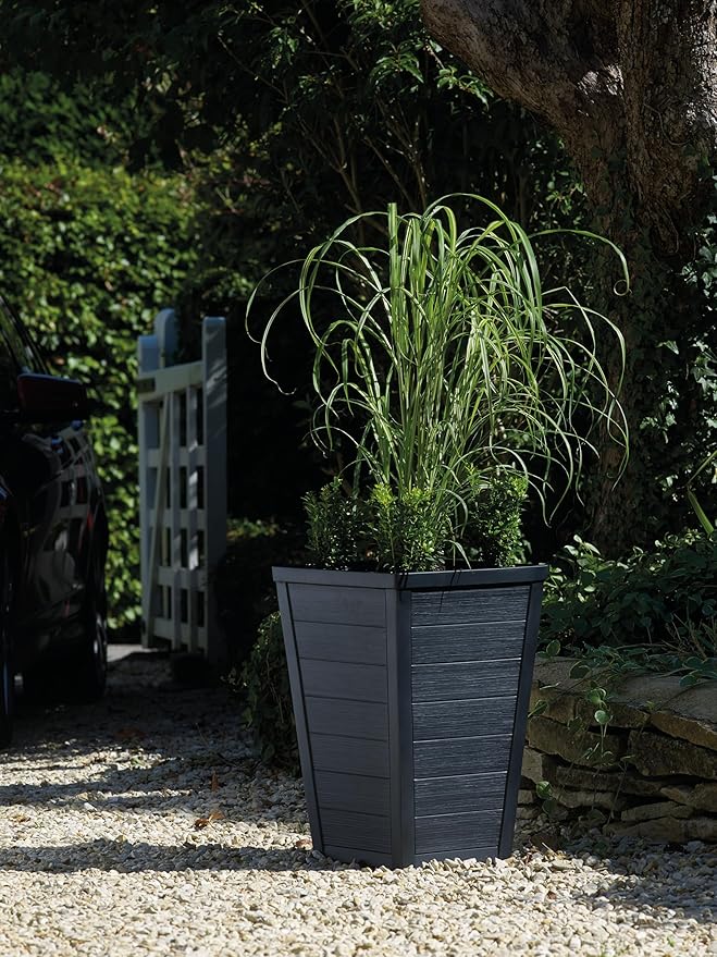 Keter Set of 2 Resin Modern Outdoor 22 Inch Tall Large Flower Pots, Tapered Wood Look Planters for Outdoor Plants and Front Porch Decor, Graphite