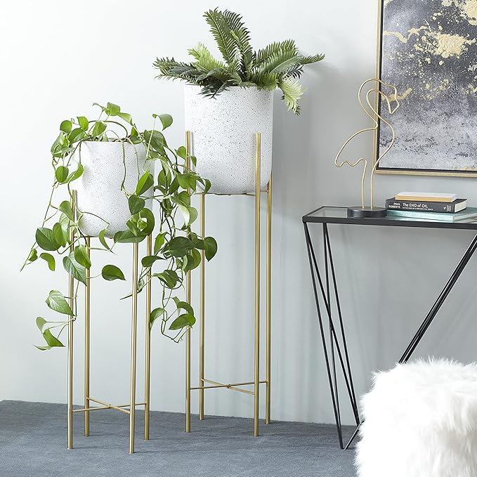 Deco 79 Metal Indoor Outdoor Planter Deep Recessed Dome Speckled Large Planter Pot with Removable Stand, Set of 2 Planters 39", 46"H, White