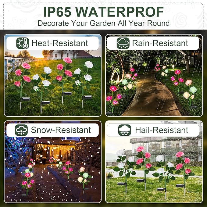 Geelin 10 Pcs Solar Rose Lights Outdoor Waterproof Solar Flower Lights with 40 Rose Flowers 7 Color Changed Decorative Solar Landscape Light for Weeding Garden Yard Patio Pathway Walkway