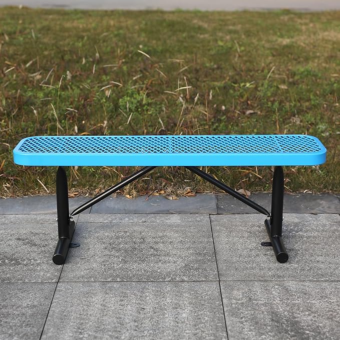4 Feet Heavy Duty Metal Park Bench for Outside, Outdoor Bench with Portable Frame, Commercial Benches for Shopping Mall, Store, Park, Patio, Deck, Blue