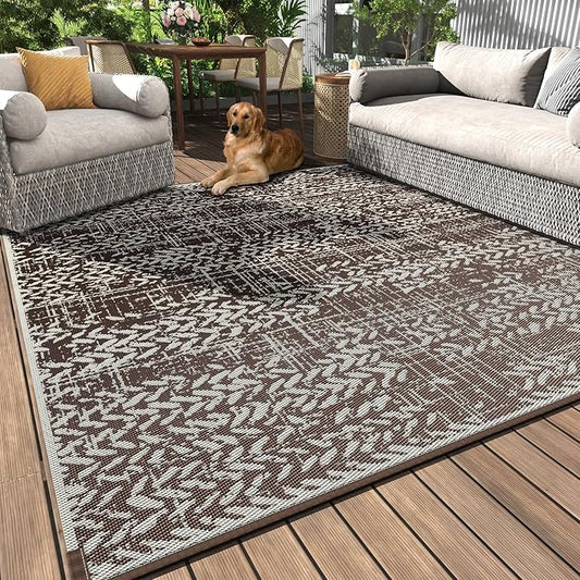 MontVoo Outdoor Rug 8x10 Waterproof-Patio Rug Mat Outdoor Carpet Reversible RV Camping Picnic Plastic Straw Rug Outside Outdoor Area Rug for Balcony Deck Backyard Patio Decor Boho Modern Brown