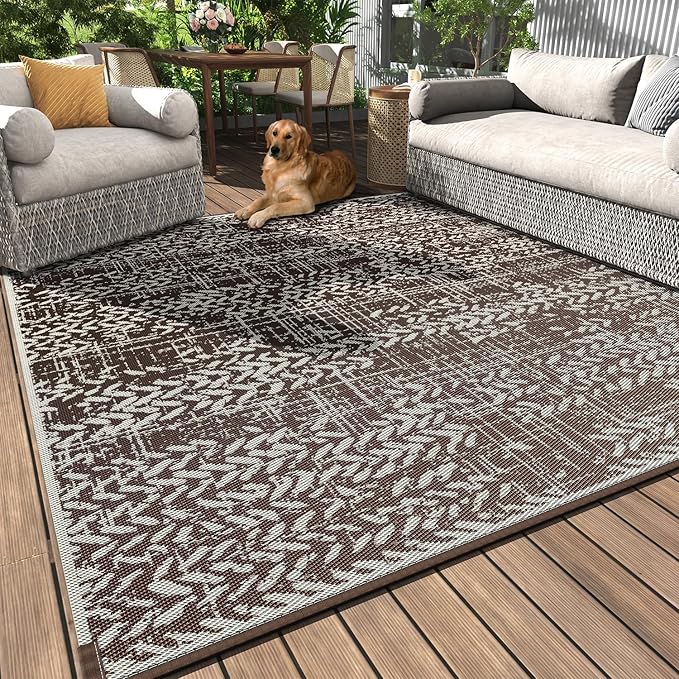 MontVoo Outdoor Rug Waterproof-Patio Rug Mat 5x8 Outdoor Carpet Reversible RV Camping Picnic Plastic Straw Rug Outside Outdoor Area Rug for Balcony Deck Backyard Patio Decor Boho Modern-Brown