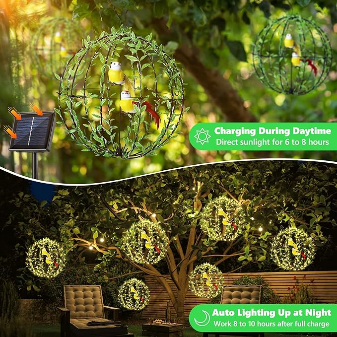 Joomer Solar Lights Outdoor, 2 Pack 12in 120 LED Solar Hanging Light Balls Outdoor, 8 Modes Waterproof Foldable Metal Sphere Light with Hook for Outside Hanging - Warm White(Ball with Green Leaf+Bird)