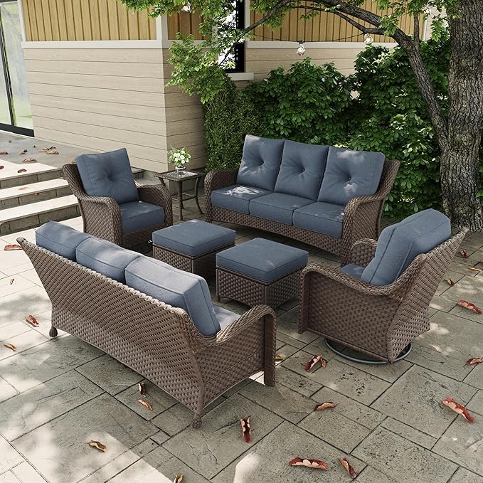 7 Pieces Outdoor Patio Furniture Sets with Rocking Swivel Chairs with 6-inch Thick Cushion and Side Table for Deck Lawn