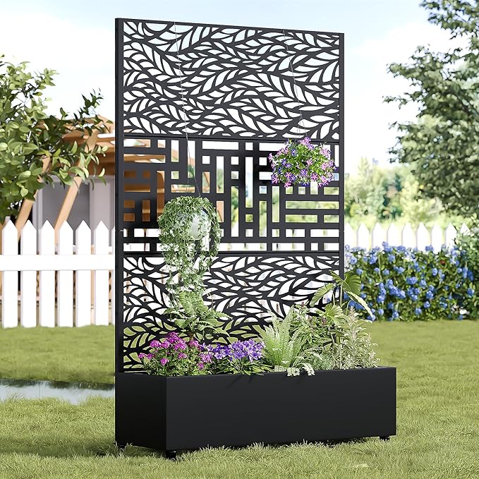 Casaphoria Metal Raised Garden Bed with Trellis and Wheels, 72"x47"x16" Planter Box for Climbing Plants, Vegetables & Vines, Features Drainage Holes and Privacy Screen, Black(Spring&Helen)