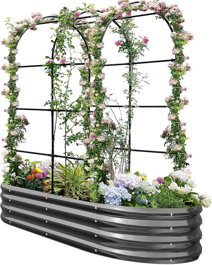 KING BIRD Raised Garden Bed with Arched Trellis Galvanized Planter Garden Box Outdoor for Gardening, Climbing Vegetables, Flowers 5.9x2.95x0.98 Ft, Dark Grey