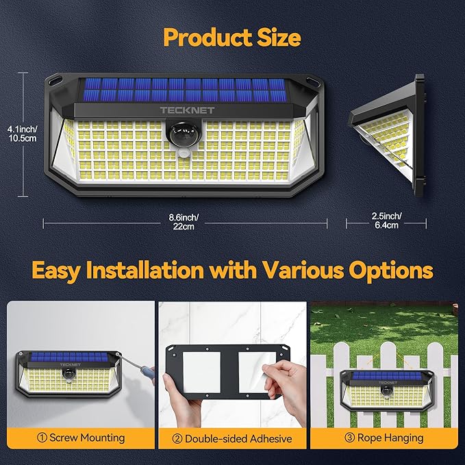 TECKNET 461 LED Solar Powered Outdoor Lights, 270° Angle & 3 Lighting Modes Motion Sensor Light Outdoor, Security Solar Lights Waterproof for Fence Front Door Yard Deck Garden Garage House - 4 Pack