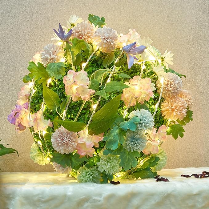 Christmas Ball Light Sphere, 10IN 48LED Hanging Tree Light and Pathway Lights with Hook and Stake, Foldable Metal Frame Light Ball for Outdoor Garden, UL Listed, Brown Frame, Warm White