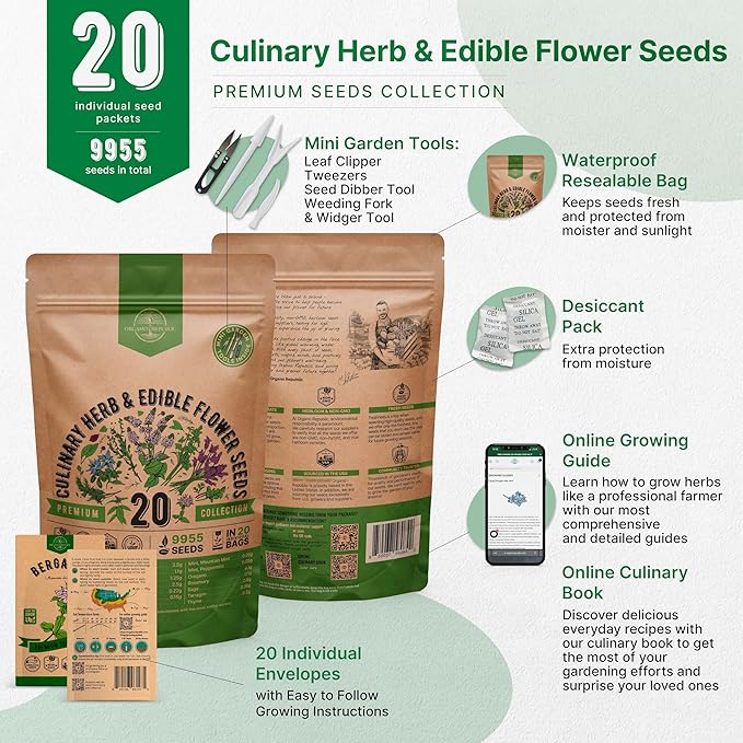 Organo Republic 20 Culinary Herbs & Edible Flower Seeds Variety Pack for Planting Indoor & Outdoor. 9500+ Non-GMO Heirloom Flower Garden Seeds: Basil, Borage, Echinacea, Lavender, Oregano & More
