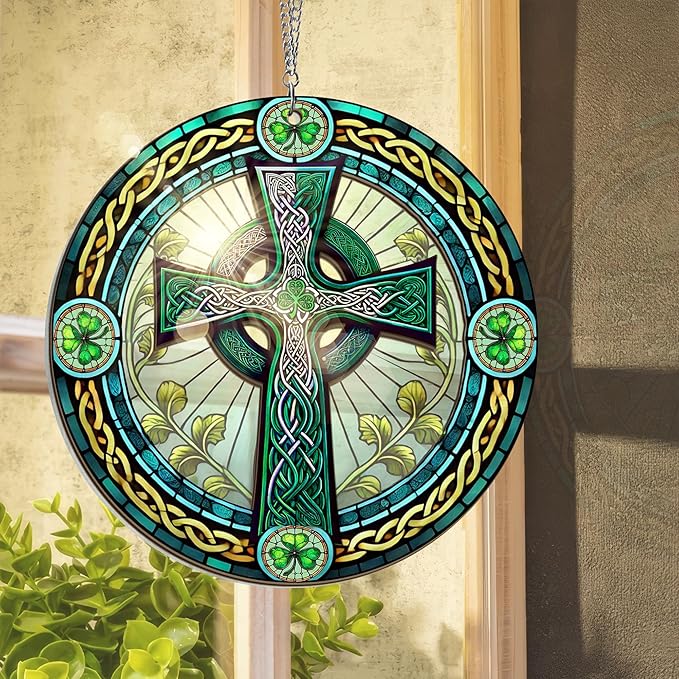 St Patricks Day Decorations - Irish Gifts for Men Women Friends Family, St Patricks Day Accessories, Celtic Cross Home Decor - Double Layered Hanging Suncatcher 12 in
