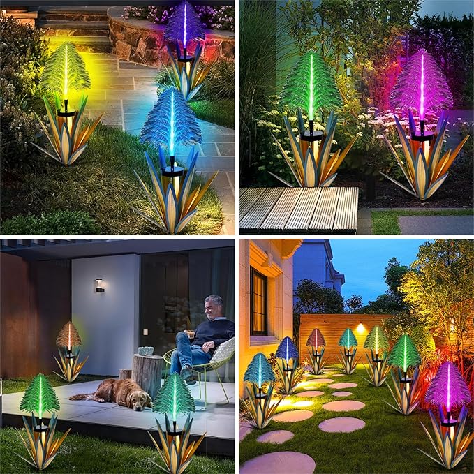Homight Metal Outdoor Decoration Gift Christmas Decorations Outdoor Metal Agave Yard Art Garden Lights Solar Outdoor, 7 Color Changing Garden Yard Pathway Xmas Decor Waterproof (2 pcs Blue)
