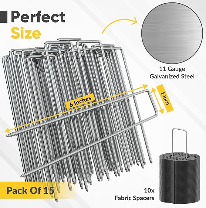 USA Made 15 Pack Landscape Staples 6 inch 11 Gauge Garden Stakes Galvanized Garden Staples | Metal Ground Stakes for Gardening| Yard Stakes for Decoration, Weed Barrier Fabric