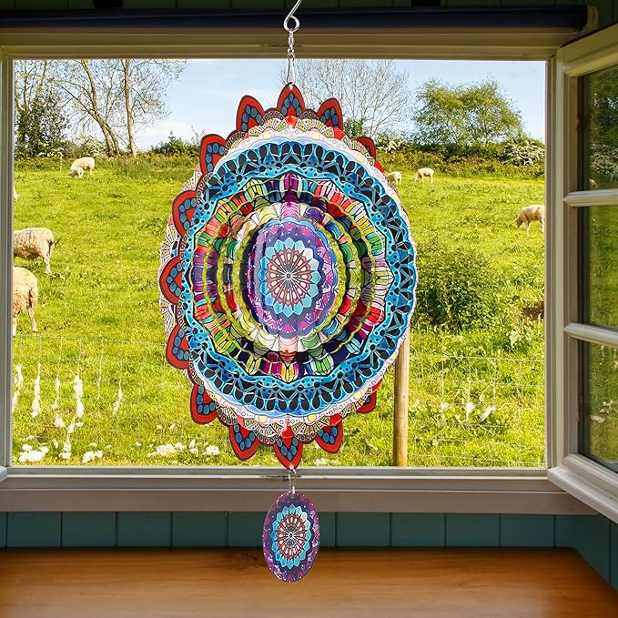 TUOKING Mandala Wind Spinners Outdoor Metal 3D Hanging Art Wind Spinner 12 Inch Stainless Steel for Yard and Garden Decoration Worth Gift for Women