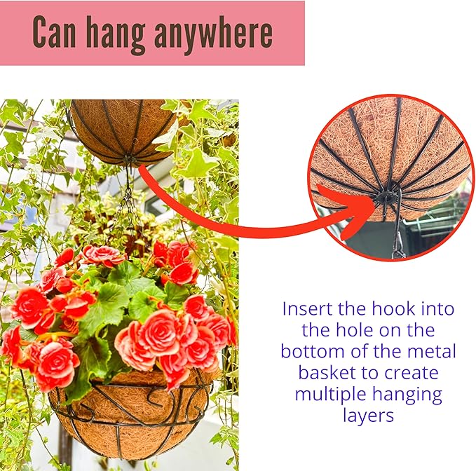 LaLaGreen Hanging Planter for Outdoor Plants (2 Pack, 14 Inch) White Hanging Baskets with Coco Liner, Metal Wire Flower Basket Pots with Hook Hanger Balcony Porch Farmhouse Country Style Garden Decor