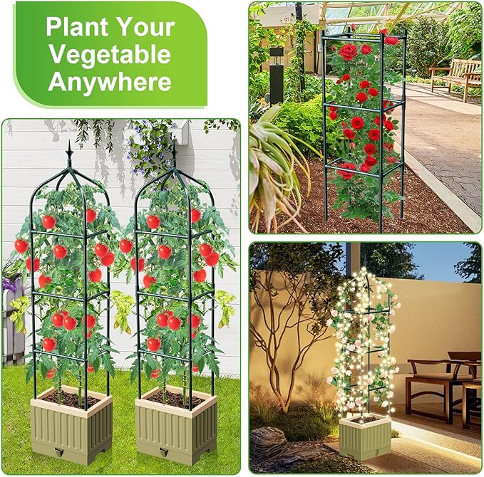 Raised Garden Bed Planter Box with Trellis, 71" Self-Watering Tomato Planter with Wheels for Climbing Vegetable and Plants, Tomato Cage Planters for Indoor Outdoor Patio Greenhouse Gardening (1Pack)