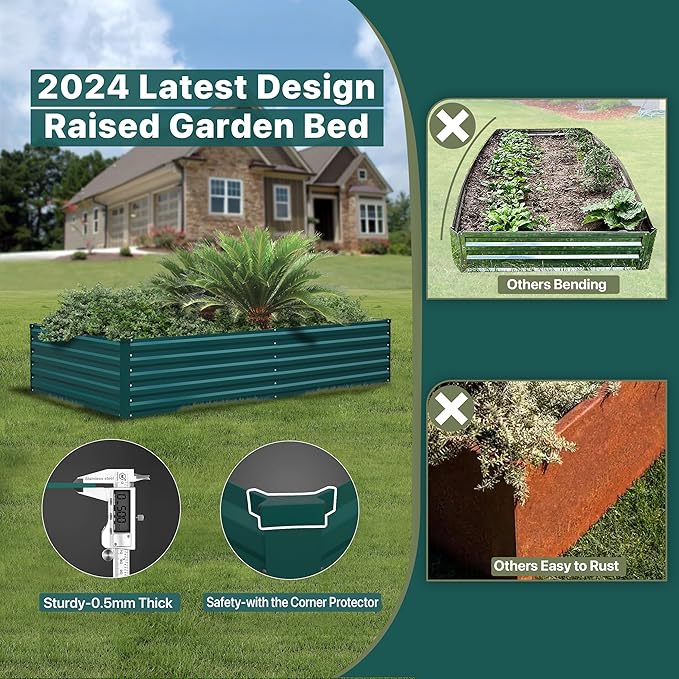 Raised Garden Bed 8×4×1.5FT, Galvanized Raised Garden Beds Outdoor for Vegetables Flowers Herbs, Steel Large Deep Root Planter Box, Tall Raised Garden Bed Kit with 3ftx30ft Weed Barrier Fabric, Green