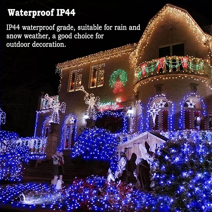 KNONEW 197FT 500 LED Christmas Lights Outdoor String Lights 8 Modes & Memory Fairy Light Plug in Waterproof LED String Lights for Xmas Yard Tree Wedding Party Holiday Decorations (Blue)